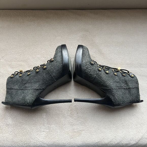 Tory Burch Hamila Dark Gray Distressed Suede Lace Up High Heel Booties Women 6.5 - Picture 3 of 16